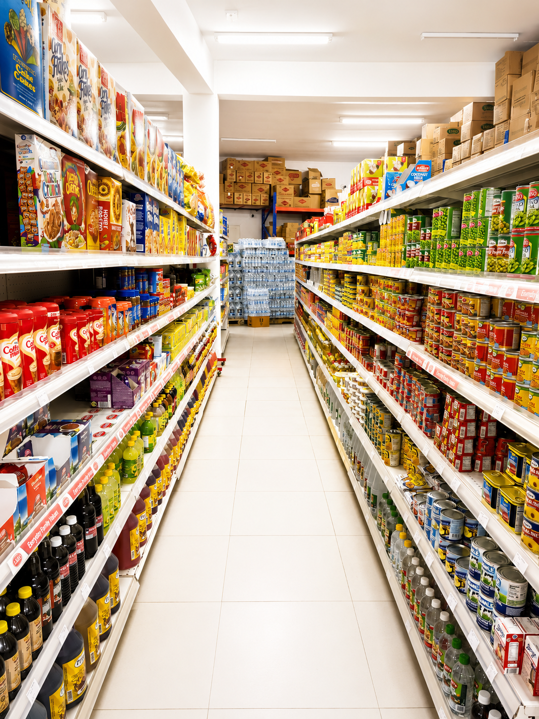 Fully stocked aisle inside Bar Twenty Supermarket